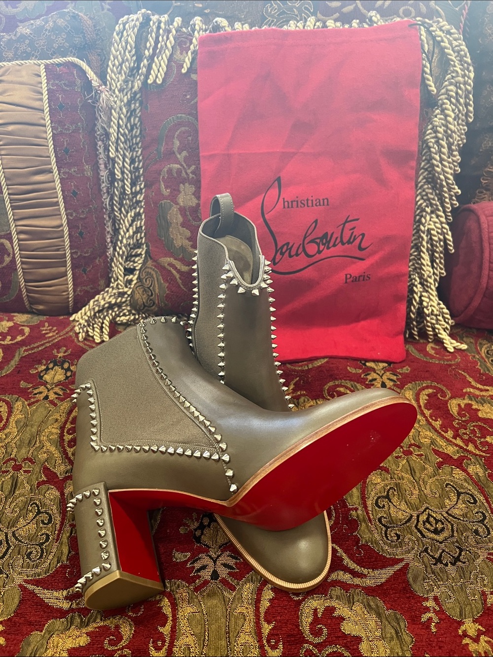 Christian Louboutin-Never Worn-Taupe Studded Block-Heel Ankle Boots Red Soles - Picture 4 of 4